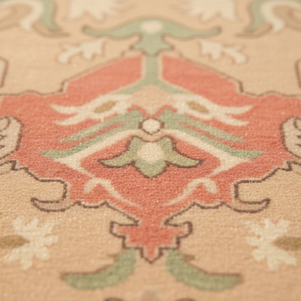 Close-up of a patterned area rug with a central coral-red medallion, sage green accents, and cream floral details on a warm beige background.
