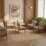 A styled interior scene with four cream upholstered armchairs arranged around a low wooden coffee table on a patterned area rug. The room has warm wood paneling, herringbone wood flooring, a framed geometric wall art piece, and potted green plants near a bright window.