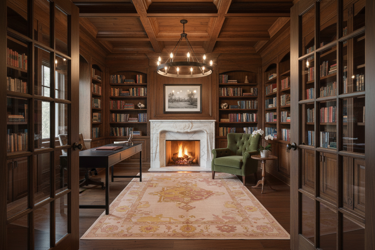 Cozy library with wooden bookshelves, peach traditional rug, fireplace, and armchair.