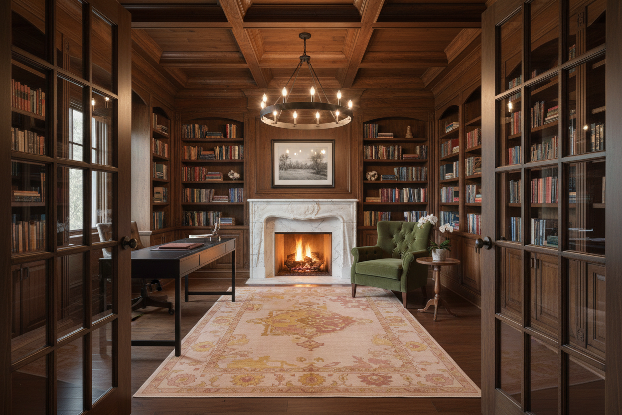 Cozy library with wooden bookshelves, peach traditional rug, fireplace, and armchair.