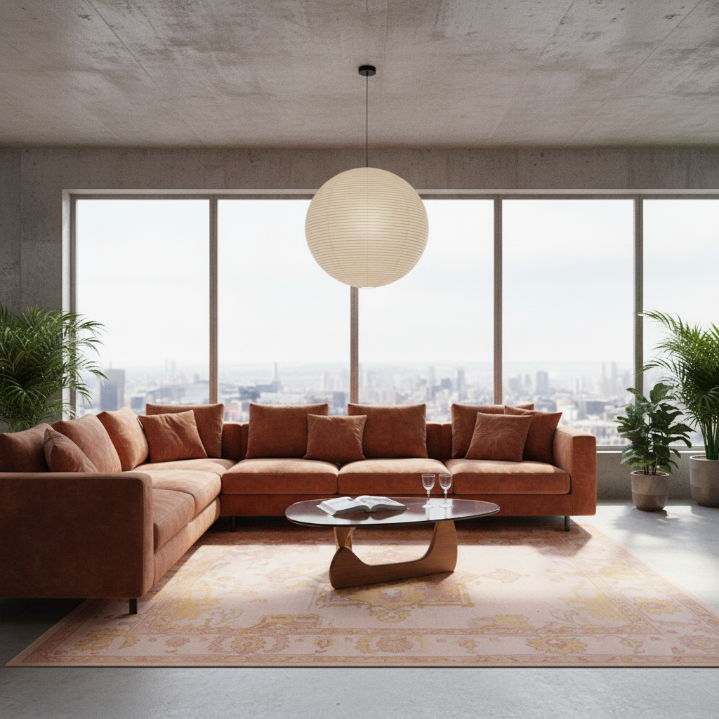 A modern sectional sofa in a warm rust-brown color arranged in an L-shape in a contemporary loft living room with large windows, a concrete ceiling, a hanging paper lantern pendant light, and a patterned area rug.