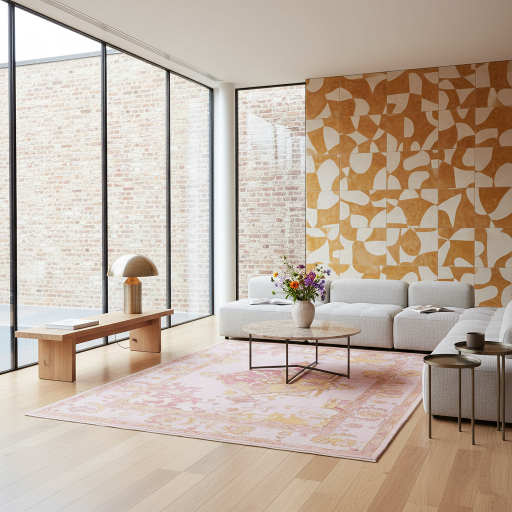 A modern living room with a light gray sectional sofa, a round wooden coffee table, a pink patterned area rug, and a large tan-and-white abstract wall mural behind the sofa. Large floor-to-ceiling windows with black frames look out onto a brick exterior.