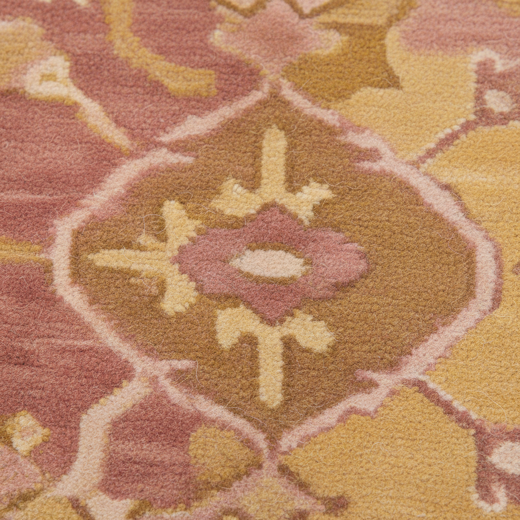 A close-up of a plush area rug with a traditional medallion pattern in dusty pink, mustard yellow, tan, and cream.