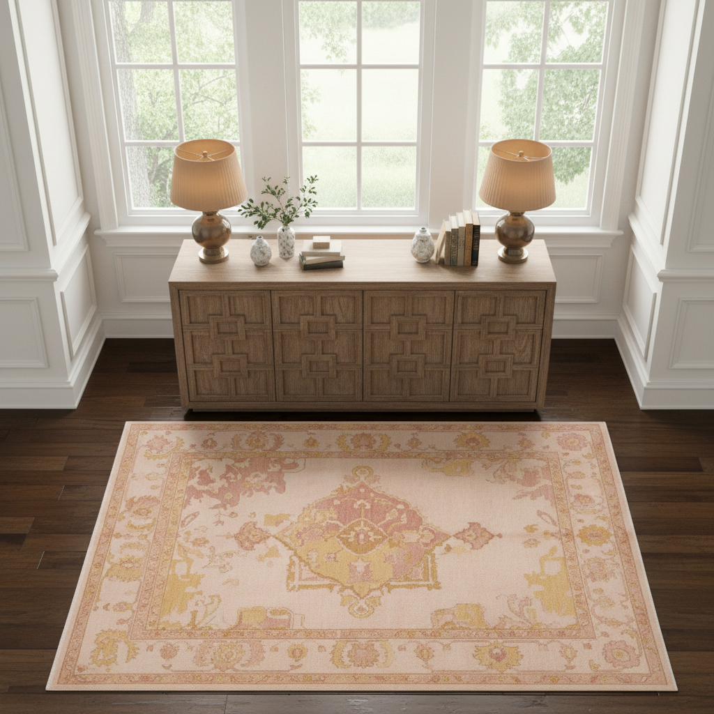 A rectangular area rug with a traditional medallion pattern in beige, pink, and yellow, styled on a dark wood floor in front of a wooden console table with two lamps.