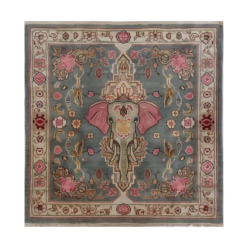 Vintage Elephant Hand Knotted Area Rug
