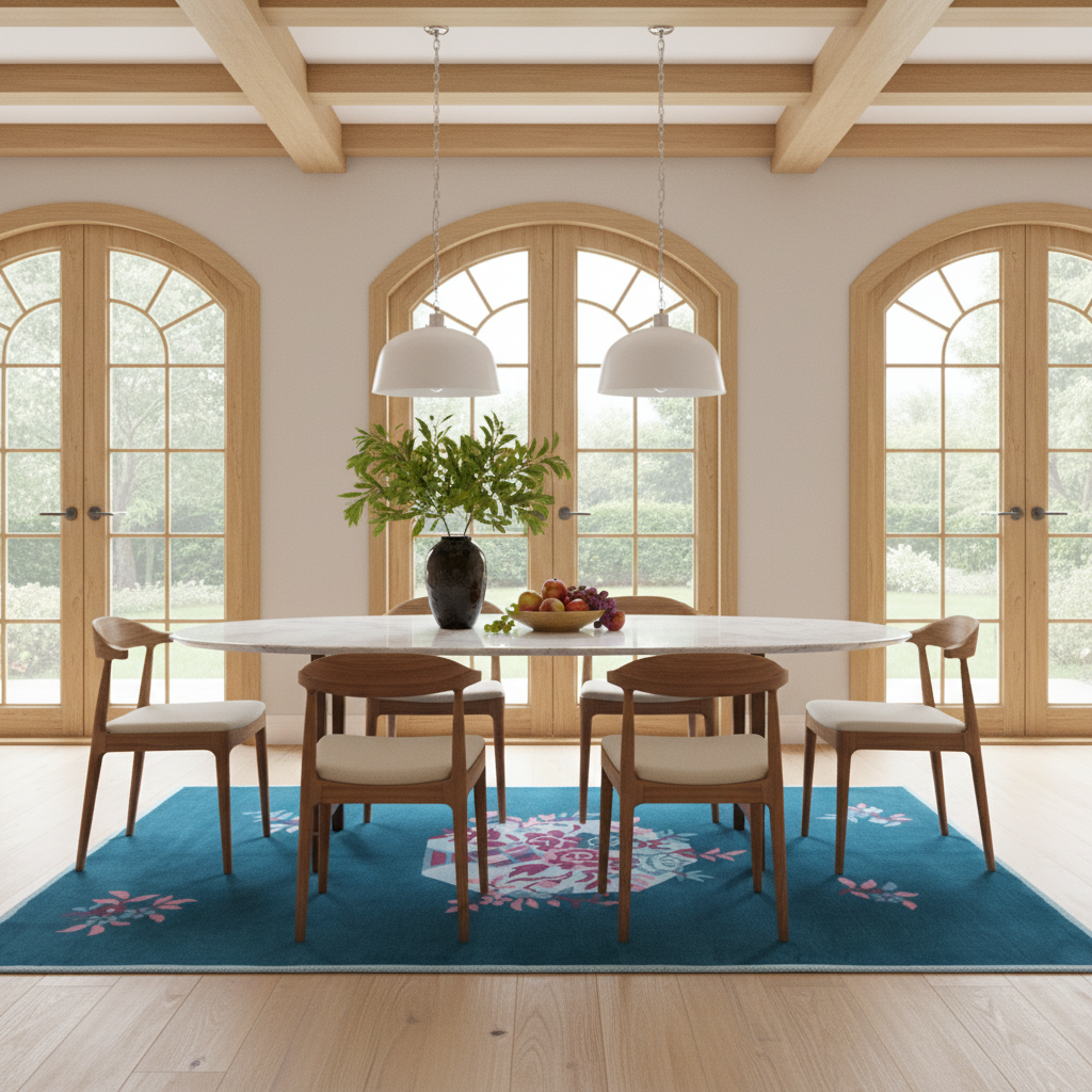 A dining room scene with a round white dining table, six wooden chairs with cream cushions, a dark green vase with a leafy plant, and a bowl of fruit on a blue floral area rug. The room has light wood ceiling beams, arched French doors, and large windows.