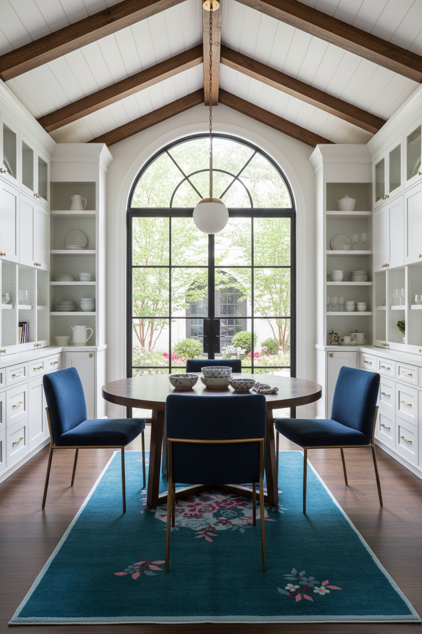 A dining room with a round wooden table and three blue upholstered chairs arranged on a teal floral area rug. The room has white cabinetry, a large arched window, and a high wood-beamed ceiling.