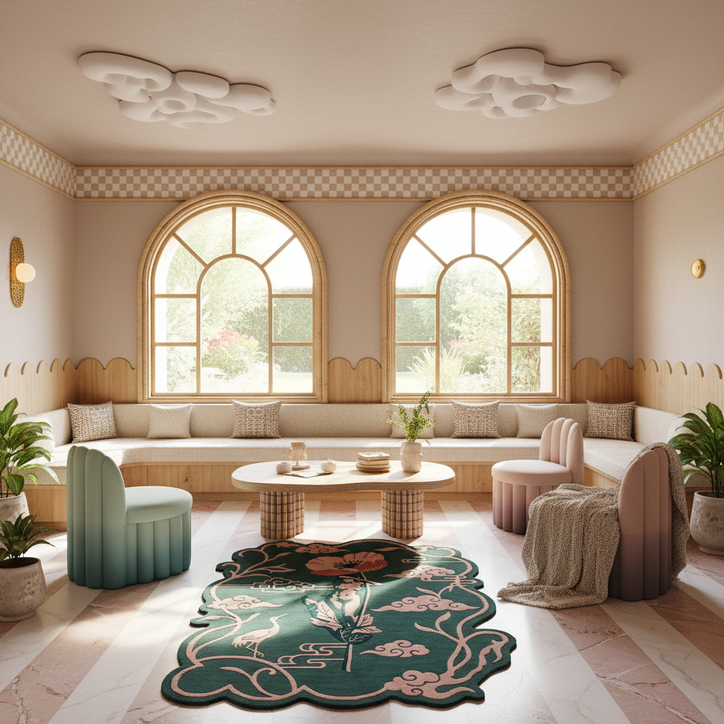 A beautifully styled bohemian living room featuring a large green and pink patterned rug in the foreground, a built-in wooden bench with cream cushions, two arched windows, and decorative cloud-shaped ceiling lights.