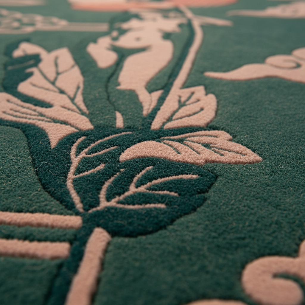 Close-up of a textured rug featuring a raised botanical pattern in dark teal green and dusty pink.
