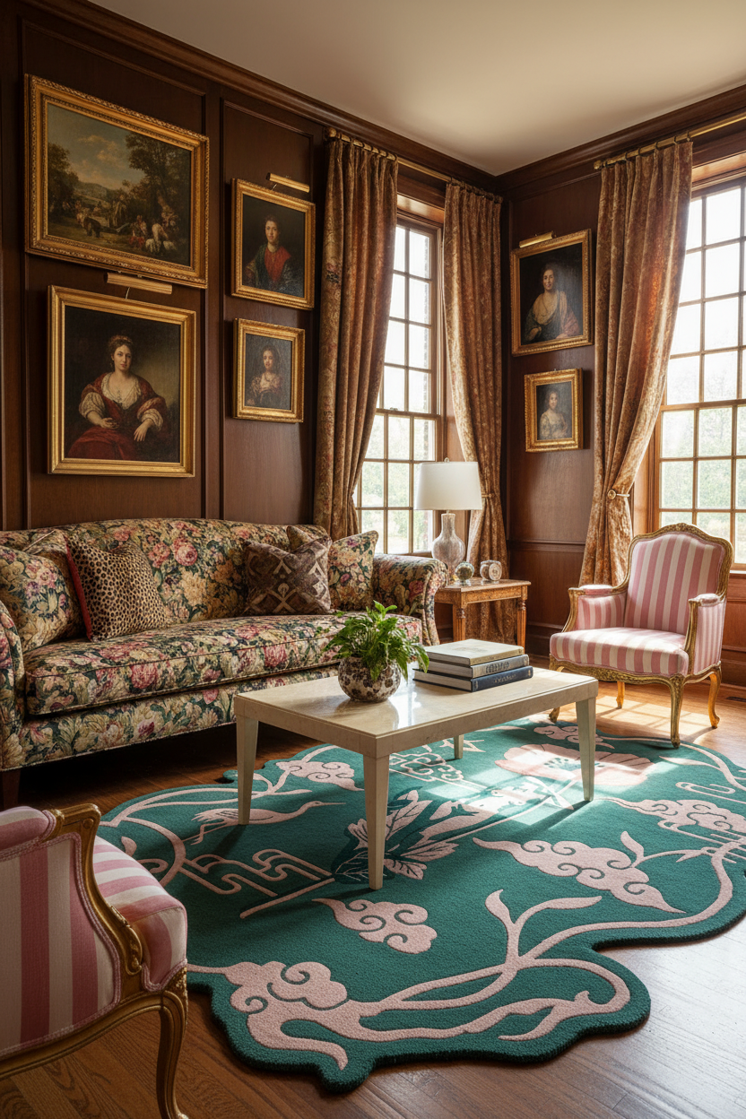 Decorative rug in living room with floral sofa, striped armchair, and framed pictures on the wall.
