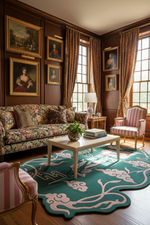 Decorative rug in living room with floral sofa, striped armchair, and framed pictures on the wall.