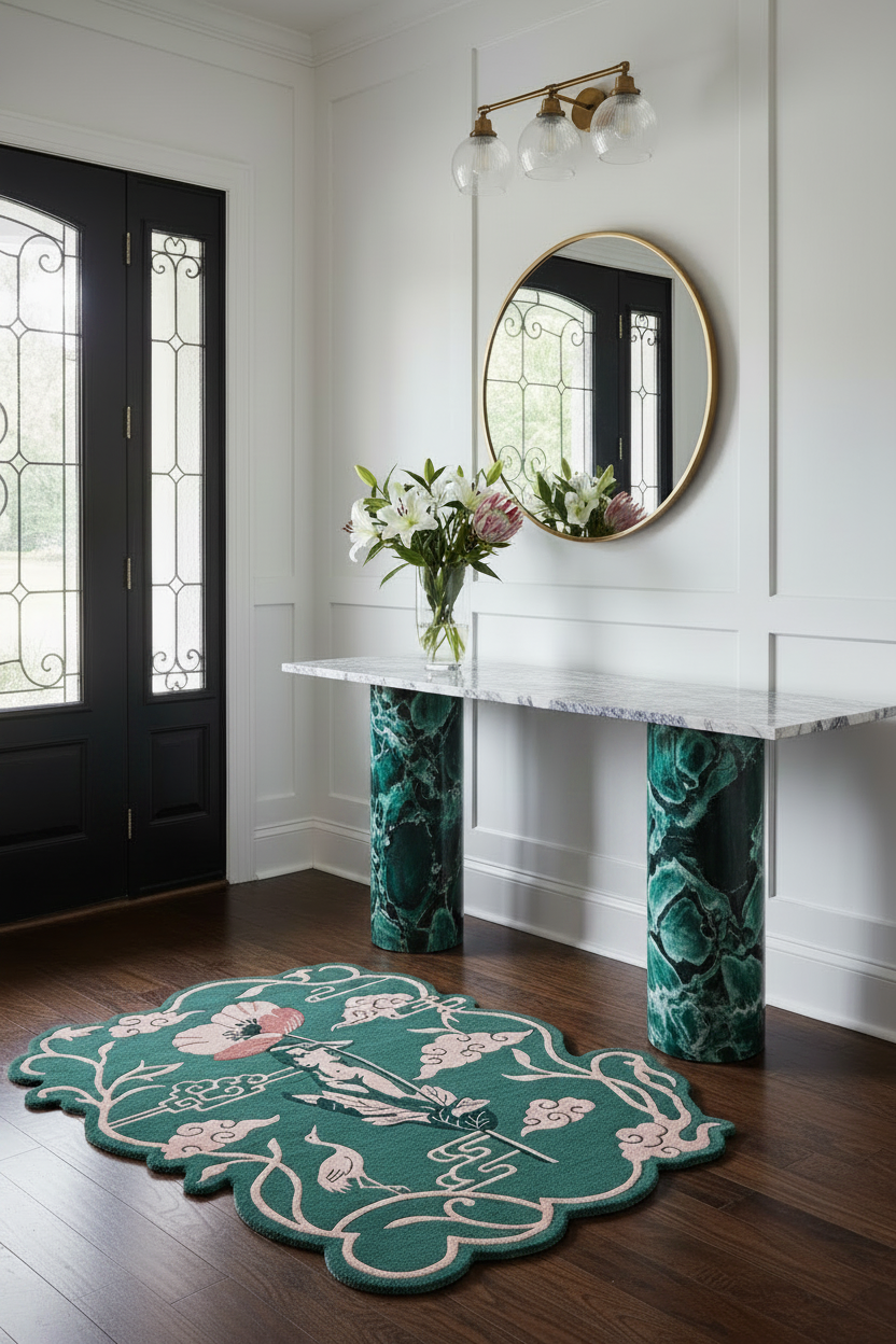 Modern interior with a console table, round mirror, and decorative rug.