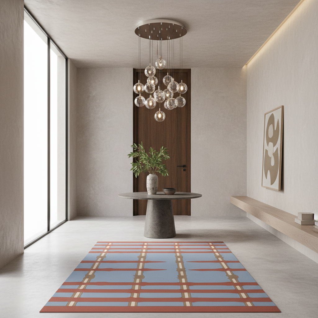 A modern interior scene with a rectangular area rug in front of a round stone pedestal table and glass chandelier. The rug has a muted blue base with rust-red and beige grid-like lines.