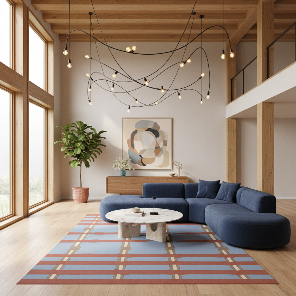A modern living room featuring a curved navy blue sectional sofa on a blue, pink, and beige plaid area rug. The room has light wood floors, a wooden ceiling with exposed beams, and a multi-light pendant chandelier.