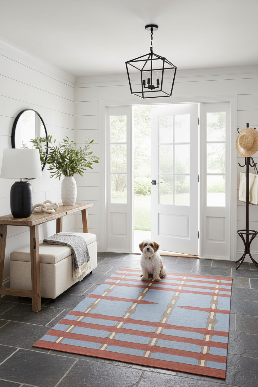 Dog sitting on a patterned rug in a modern living room with a white door and wooden furniture.