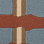 A close-up of a textured, looped pile fabric or rug with a geometric pattern in dusty blue, terracotta red, tan, and cream.