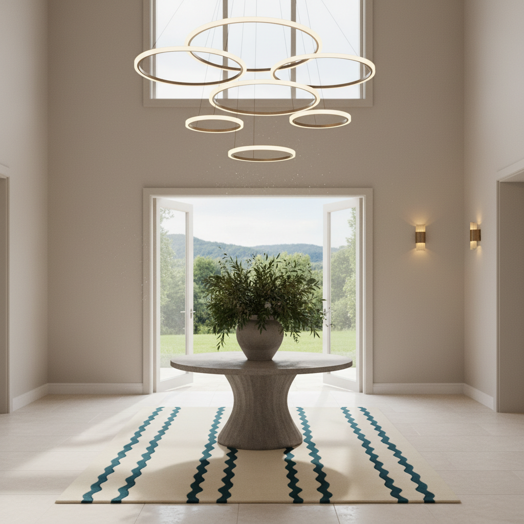 A modern multi-ring chandelier with a warm glowing light hangs in a bright, high-ceilinged entryway. The room features a stone pedestal table with a potted green plant, a cream and teal patterned rug, and large windows looking out to a grassy field.
