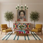 A styled living room scene with two mustard yellow armchairs, a low wooden coffee table, a colorful geometric sideboard, a patterned rug, two potted trees, and a framed portrait on the wall. The image appears to be a digital rendering or highly edited interior composition rather than a straightforward product listing photo.