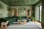 Living room with green walls, blue beige rug,  a curved green sofa, and decorative elements.