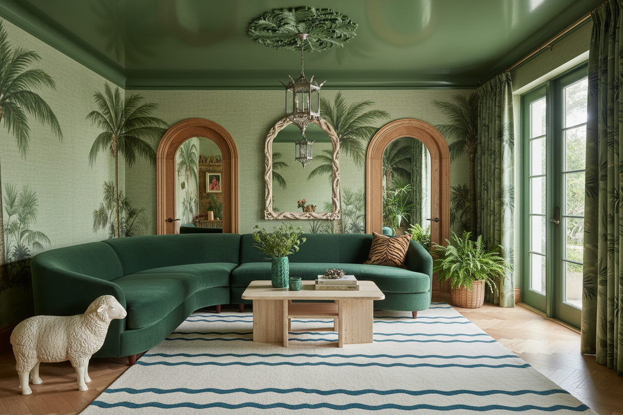 Living room with green walls, blue beige rug,  a curved green sofa, and decorative elements.