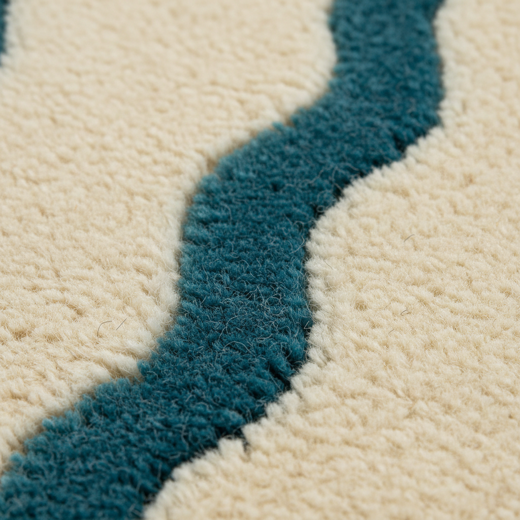 Close-up of a textured rug with a wavy, organic pattern in deep teal blue and cream.