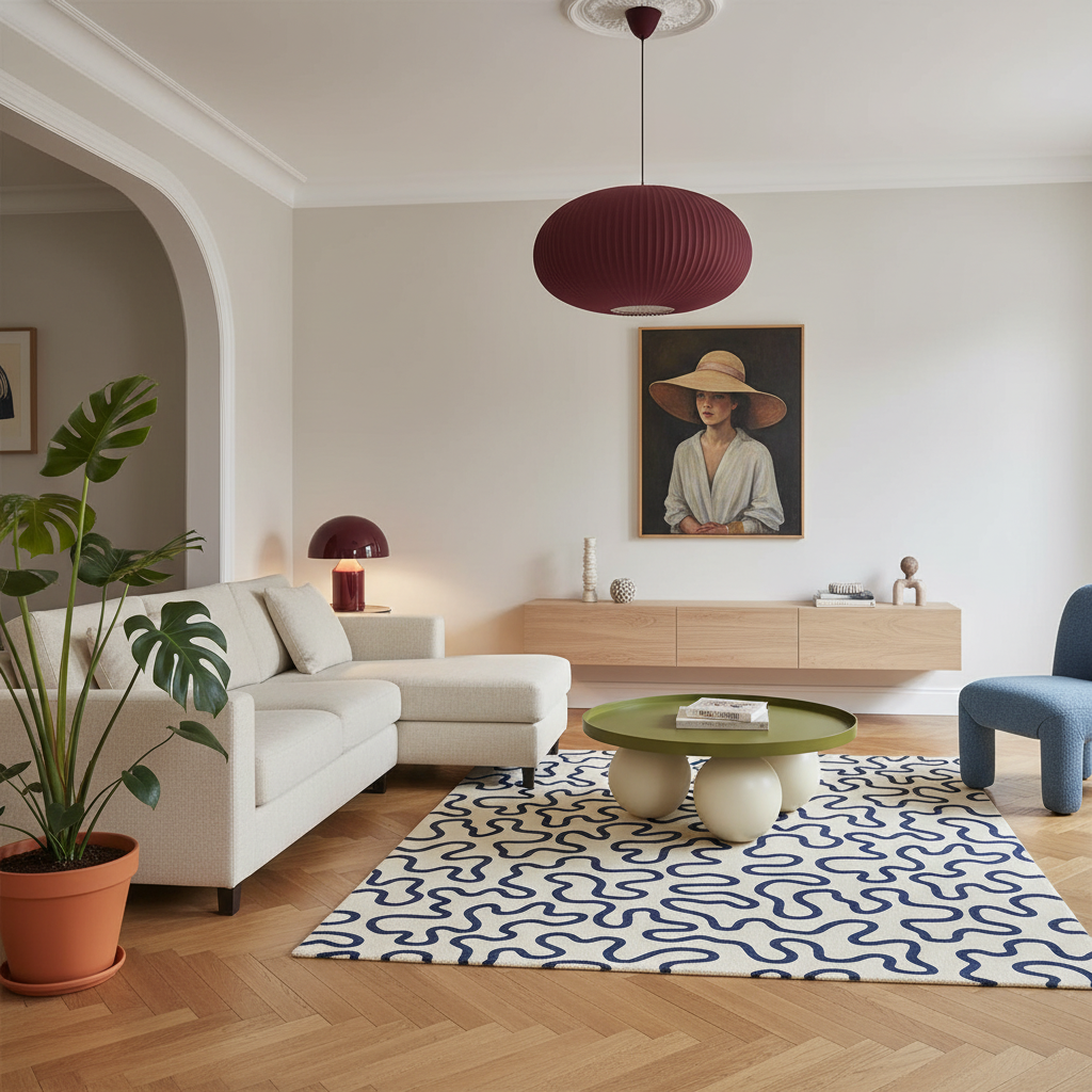 Wavy Random Lines Square Hand Tufted Rug