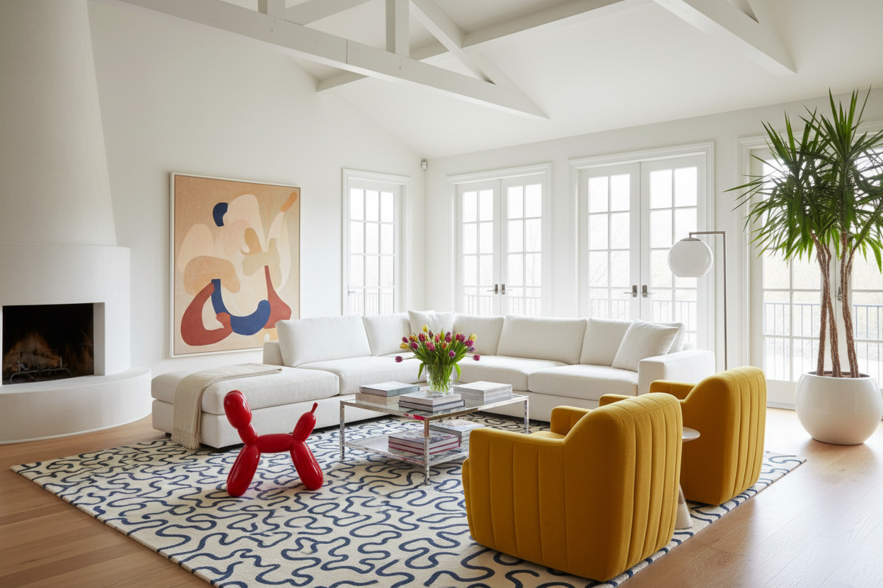 Modern living room with white sofa, yellow chairs, and abstract rug, art on the wall.