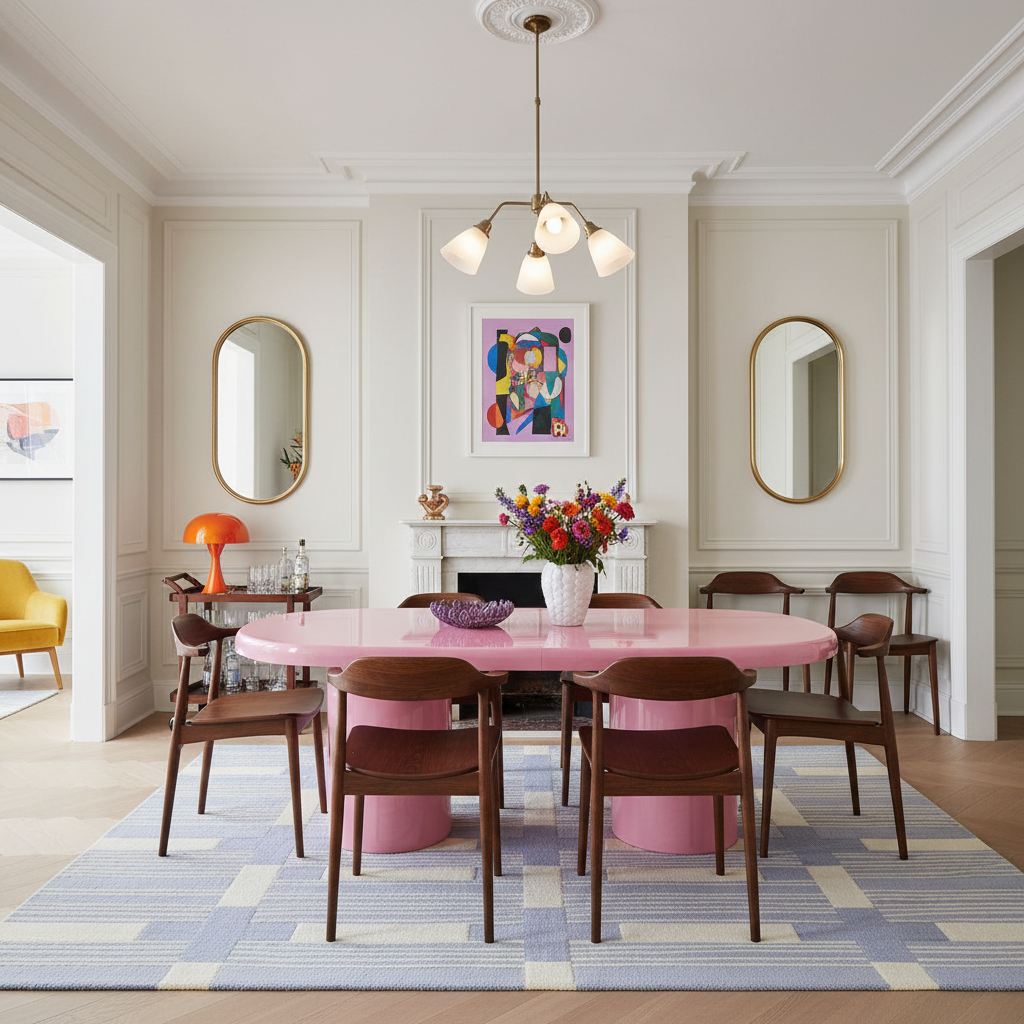 Dining room with a pink table and wooden chairs, colorful geometric purple rug, and abstract art on the walls.