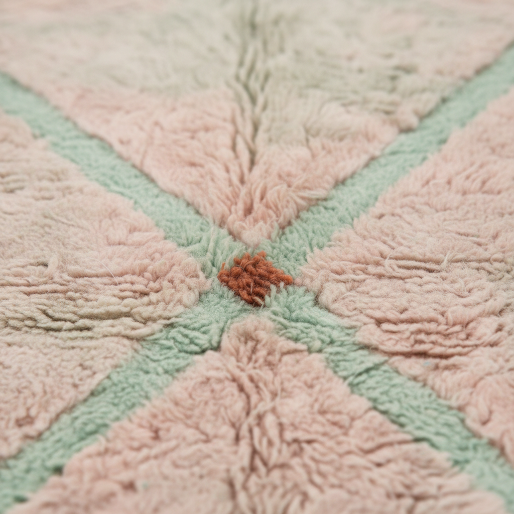 A close-up of a plush, textured blanket or towel featuring a geometric star pattern in soft pink and mint green, with a small brown tassel hanging from the center.