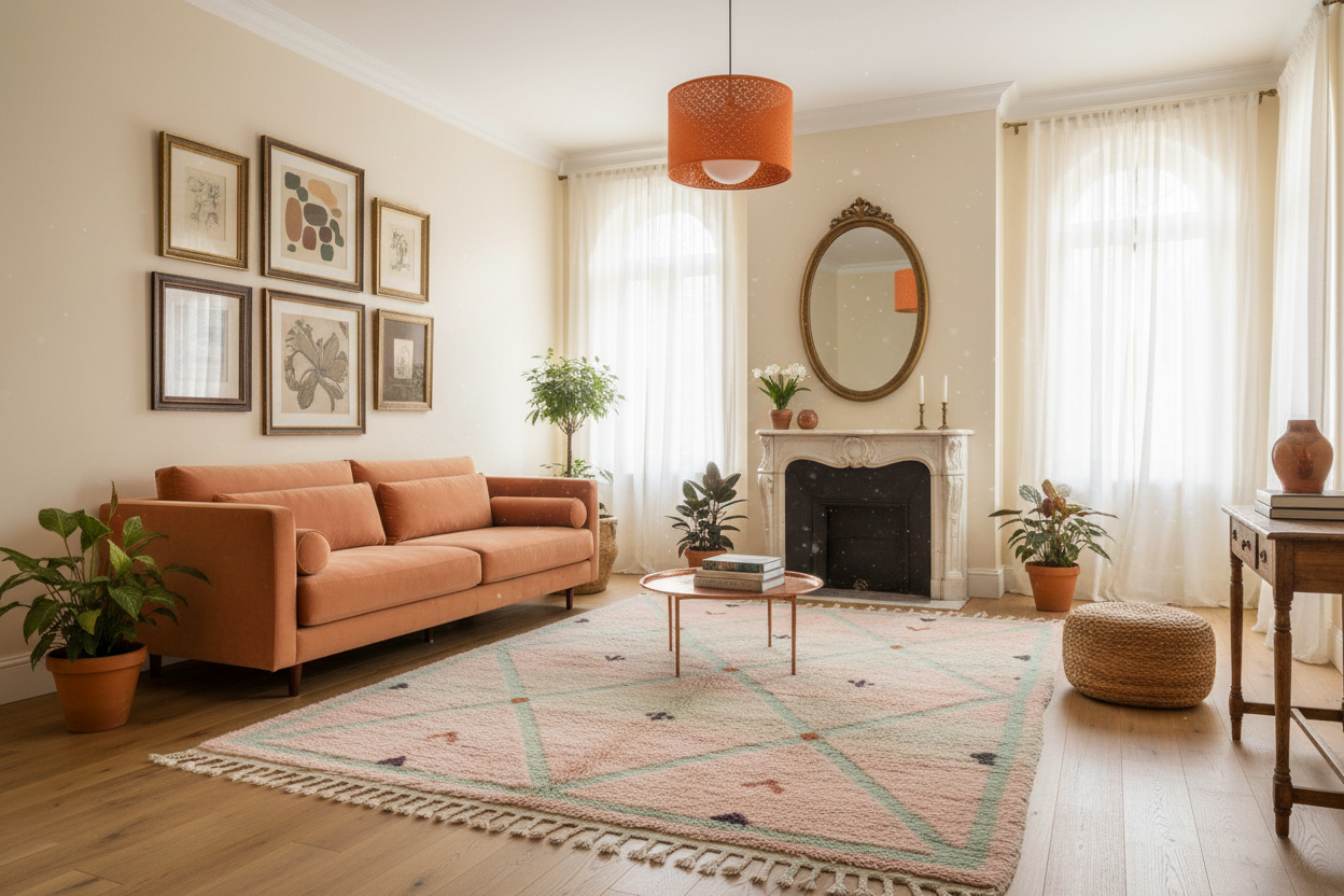 A styled living room featuring a terracotta orange sofa, a matching orange pendant light, a pink and green patterned rug, and a white fireplace with a mirror.