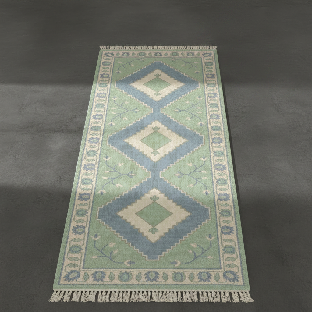 A rectangular area rug with a traditional geometric pattern in sage green, light blue, and cream, featuring white fringe on the ends, shown from a top-down perspective on a dark gray floor.