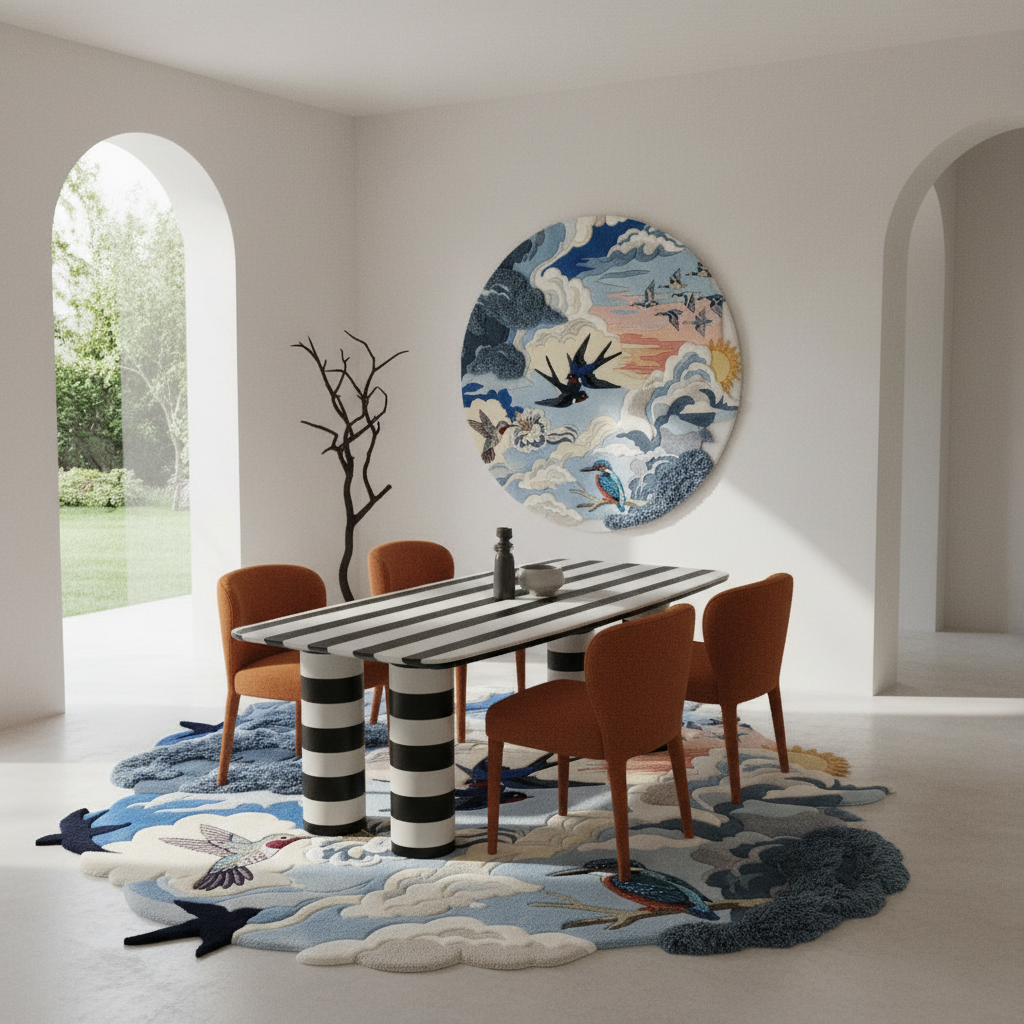 A styled dining room scene with a rectangular table featuring bold black-and-white horizontal stripes, surrounded by six rust-orange upholstered chairs. The furniture sits on a large abstract blue, white, and gray rug with bird motifs. A large circular wall art piece hangs above the table. The room has white walls, arched openings, and a light neutral floor.