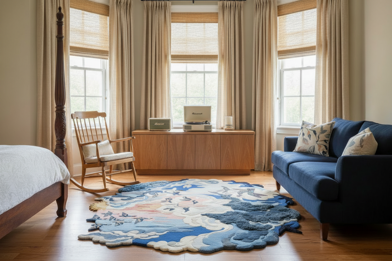 Living room with blue sofa, wooden desk, and decorative blue round rug.