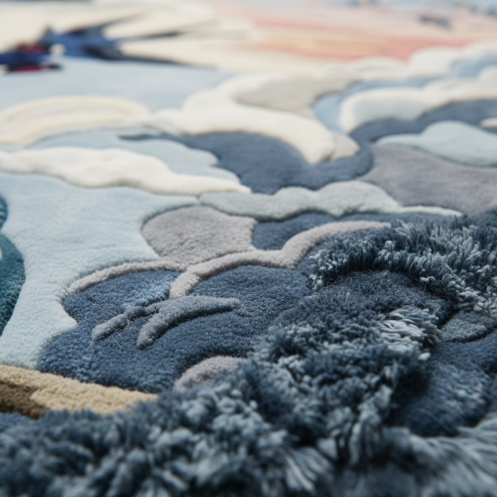 Close-up of a plush, high-pile area rug with a textured, cloud-like abstract pattern in shades of blue, slate gray, cream, and beige.