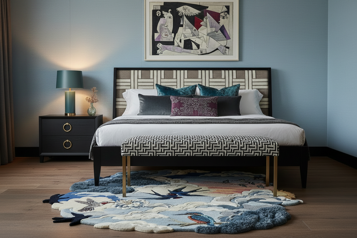 Modern bedroom with a bed, nightstand, and abstract art on the wall.