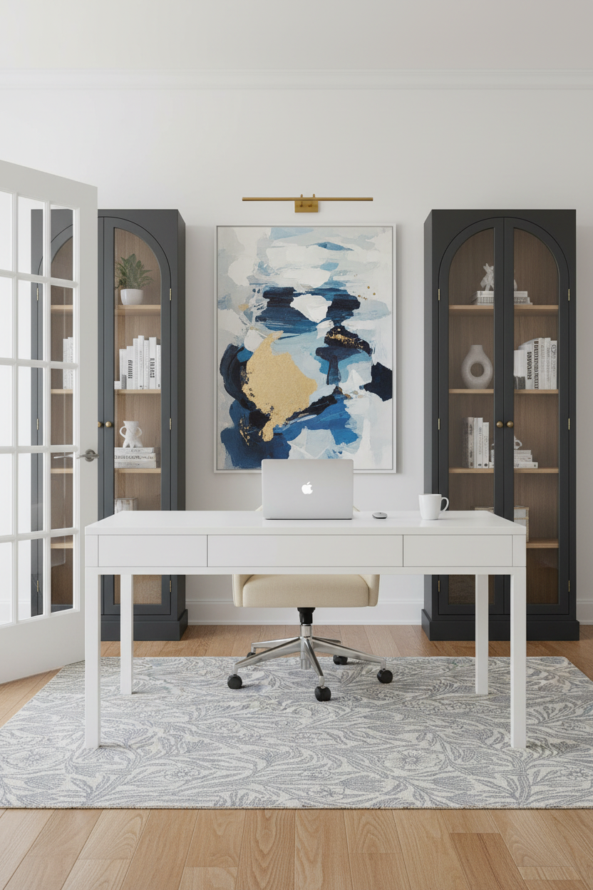 Modern home office with a white desk, laptop, and abstract art on the wall.