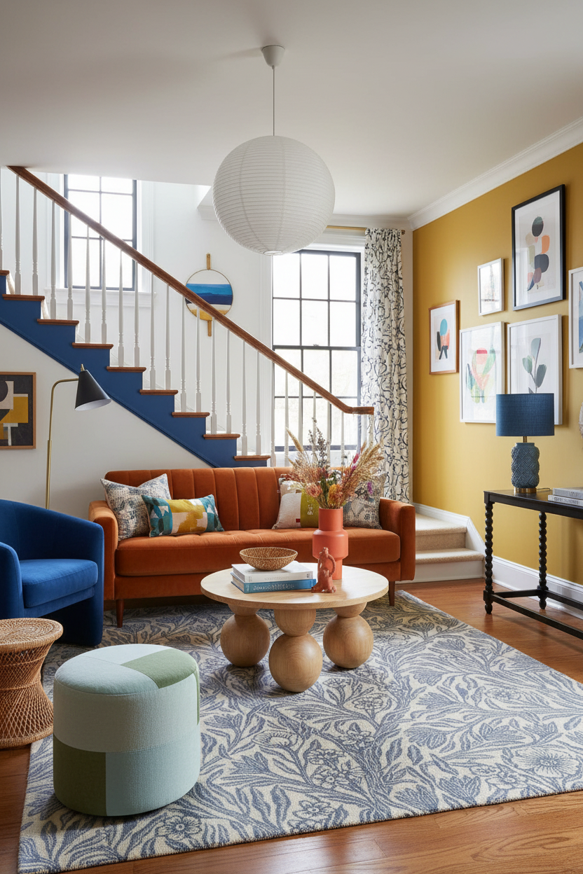 Living room with orange sofa, blue armchair, and patterned rug.