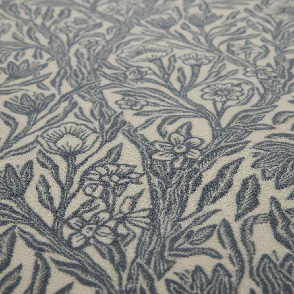 Close-up of a woven textile with an allover floral and botanical pattern in dark blue-gray on a warm cream background.