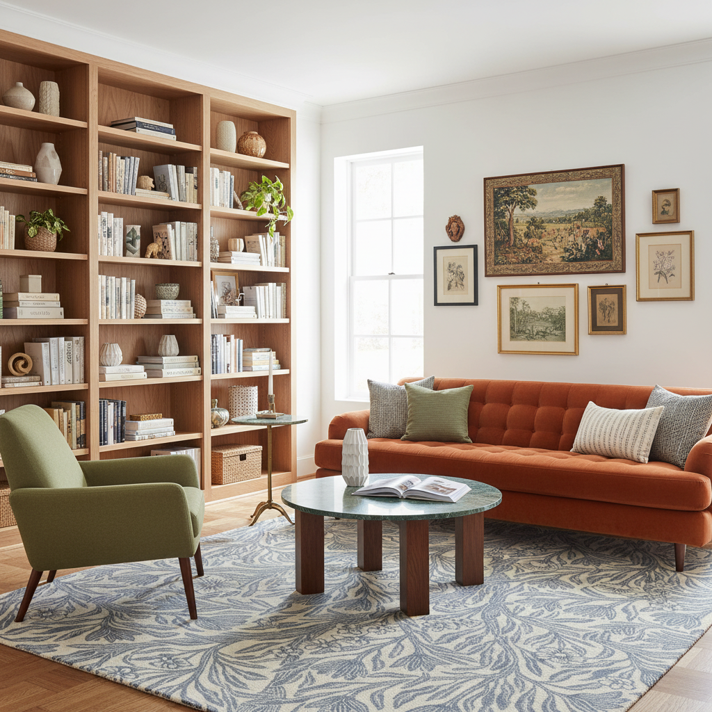A styled living room featuring a prominent orange tufted sofa, a green armchair, a round glass-top coffee table, a large blue and beige patterned area rug, and a tall wooden bookshelf filled with books and decorative objects.