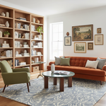 A styled living room featuring a prominent orange tufted sofa, a green armchair, a round glass-top coffee table, a large blue and beige patterned area rug, and a tall wooden bookshelf filled with books and decorative objects.