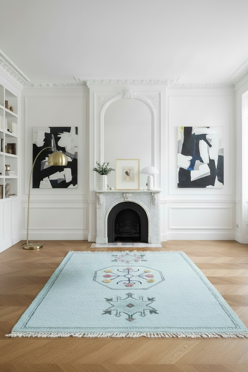 Living room with a light blue rug, white fireplace, and abstract art on the walls.