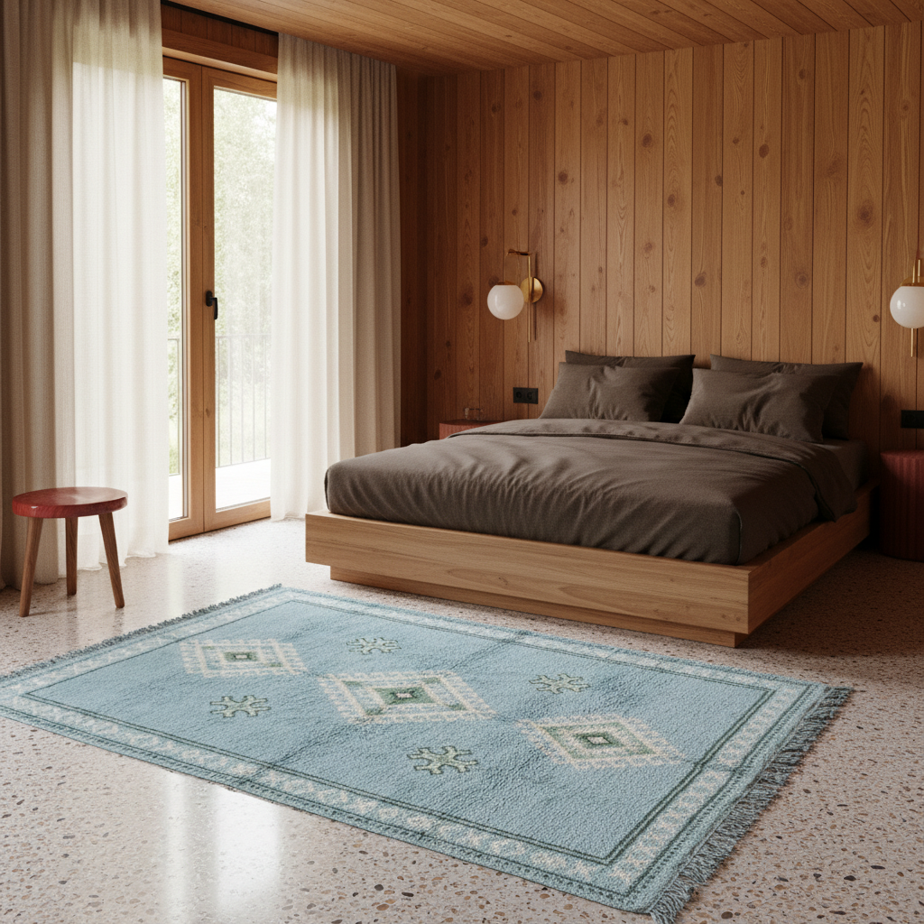 A light blue area rug with a geometric diamond pattern and fringe, styled in a modern wood-paneled bedroom next to a wooden platform bed.