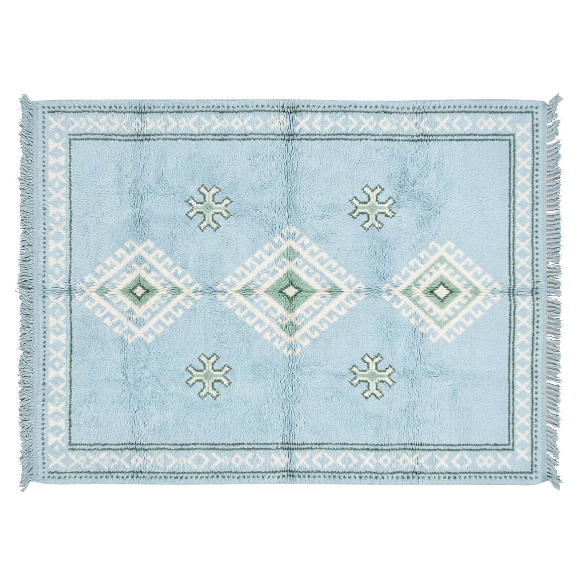 A rectangular light blue rug with white and sage green geometric diamond patterns and fringed edges, shown flat against a white background.