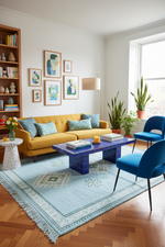 Modern living room with yellow sofa, blue chairs, and a patterned rug.
