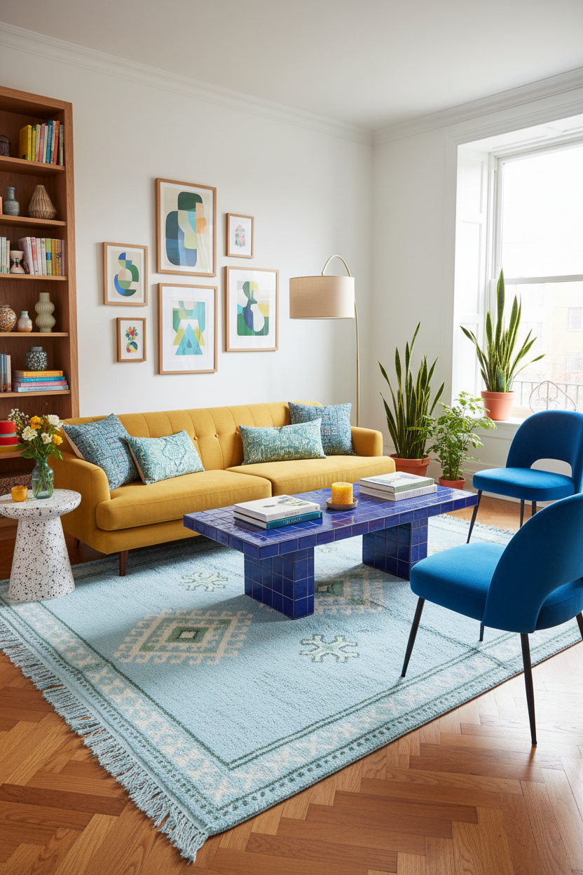 Modern living room with yellow sofa, blue chairs, and a patterned rug.