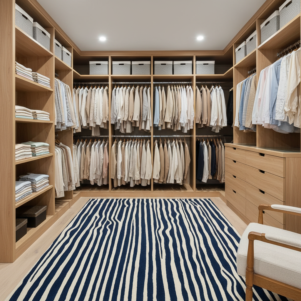 A spacious, well-organized walk-in closet with light wood cabinetry, shelves, drawers, and hanging garments. A large navy blue and cream striped rug covers the floor, and a portion of a matching upholstered chair is visible in the lower right corner.