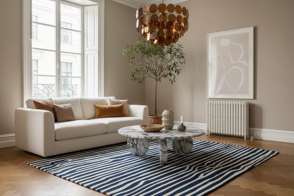 Modern living room with a beige sofa, marble coffee table, and striped rug.