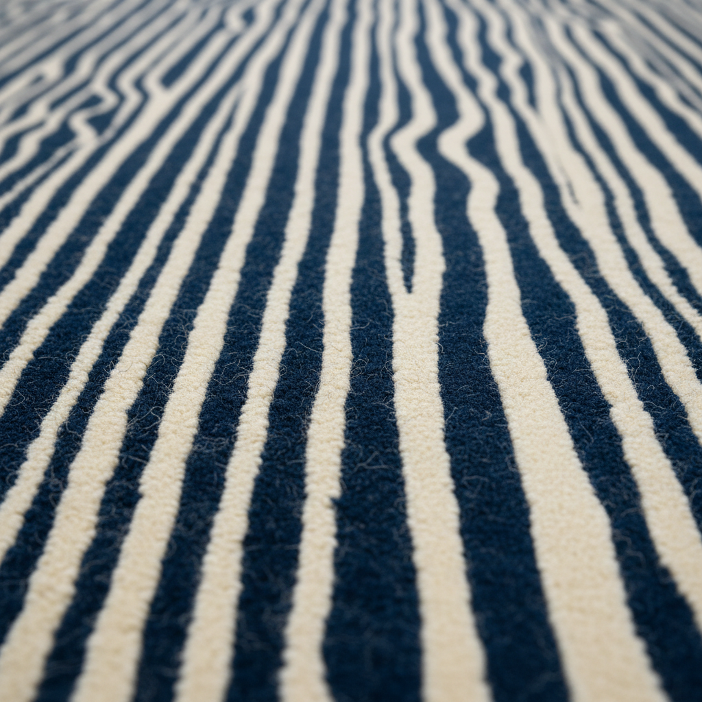 A close-up of a textured rug with vertical navy blue and cream stripes.