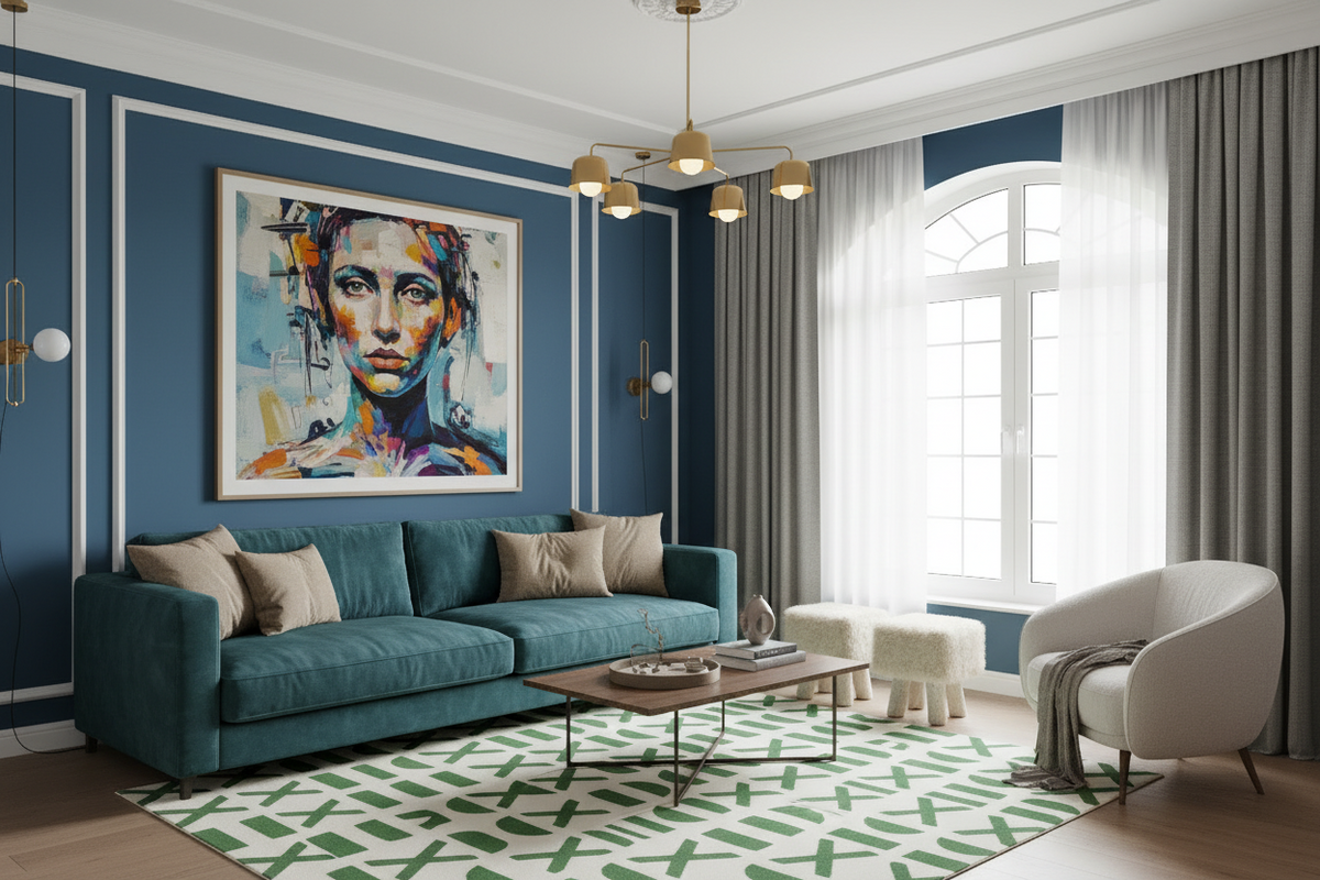 A modern living room featuring a teal blue sofa, a large colorful portrait painting on a blue wall, a green and white patterned rug, a white armchair, and a window with sheer curtains.