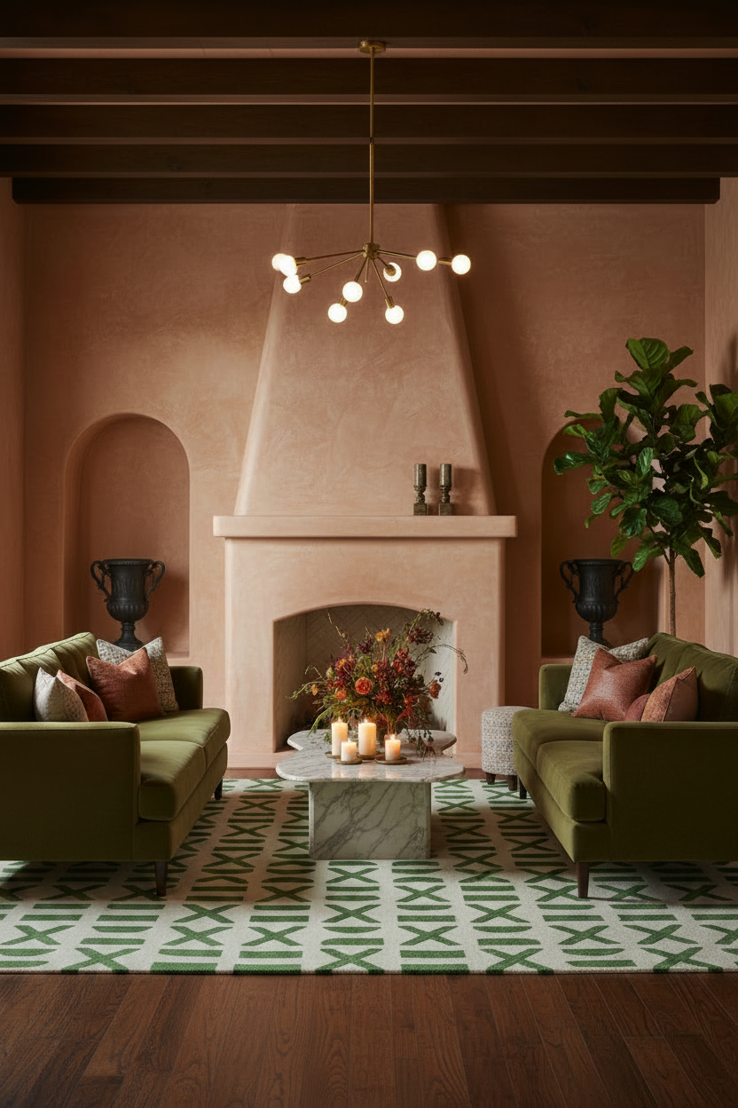 Living room with pink walls, green sofas, and a decorative rug.